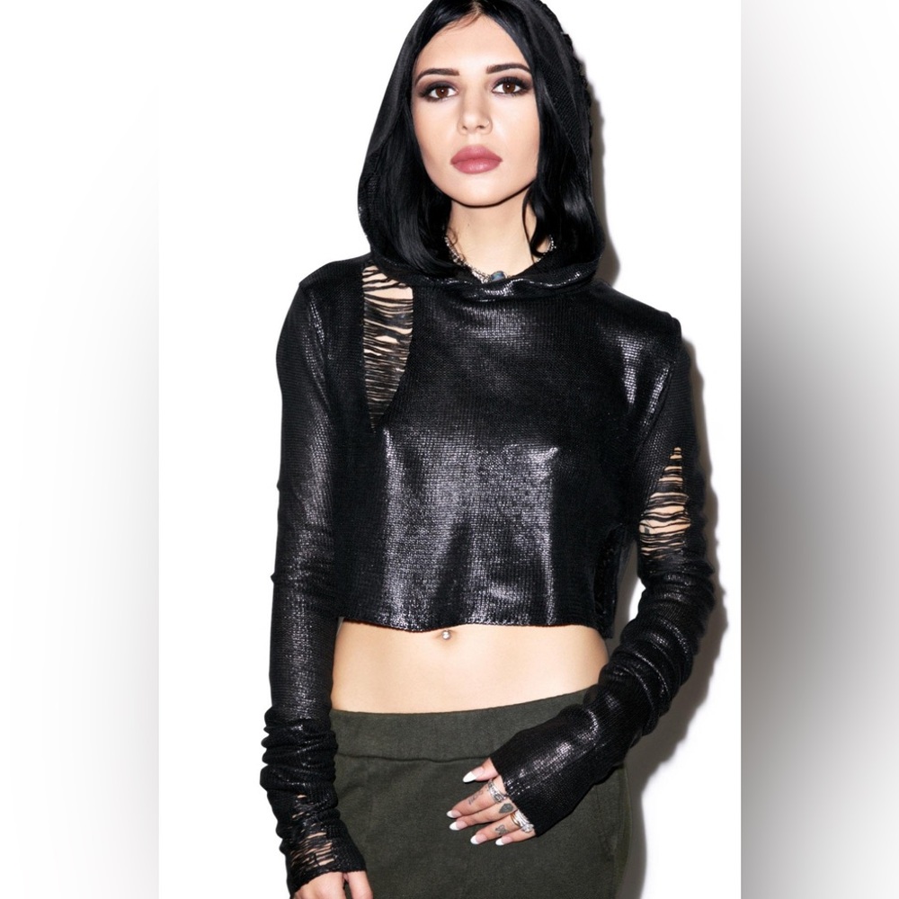 Widow goth oil slick tatter hooded sweater